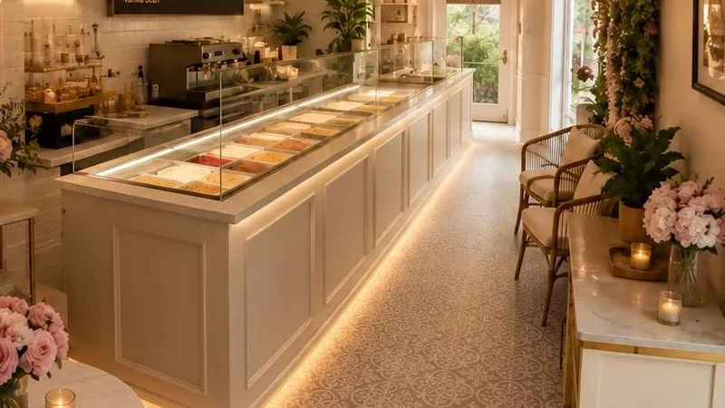 The gelato case at DiLatte, trays of gelato under warm light along a long counter